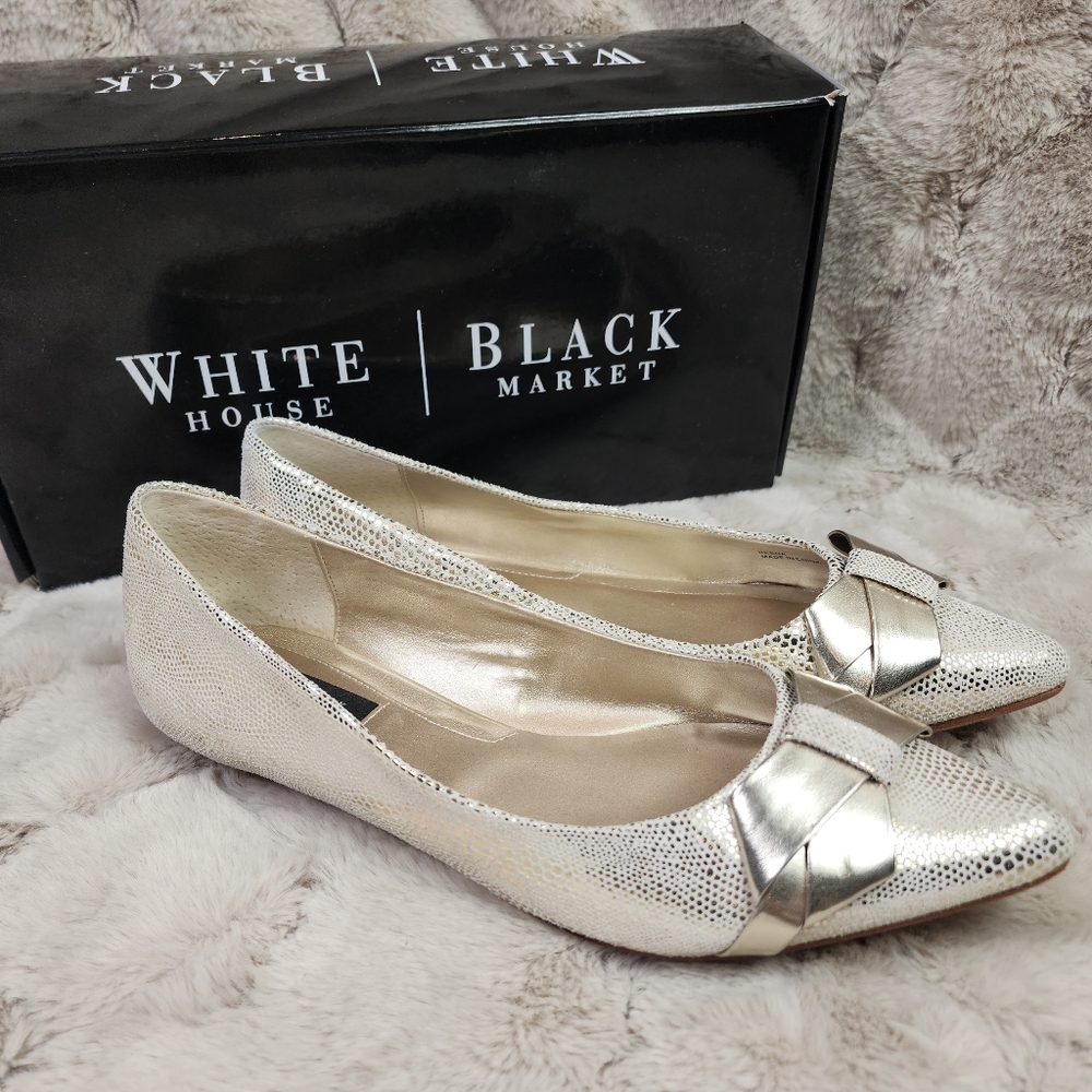 WHBM Gold Leather Snakeprint Bow Pointed Toe Reena Flats Size 9 9M